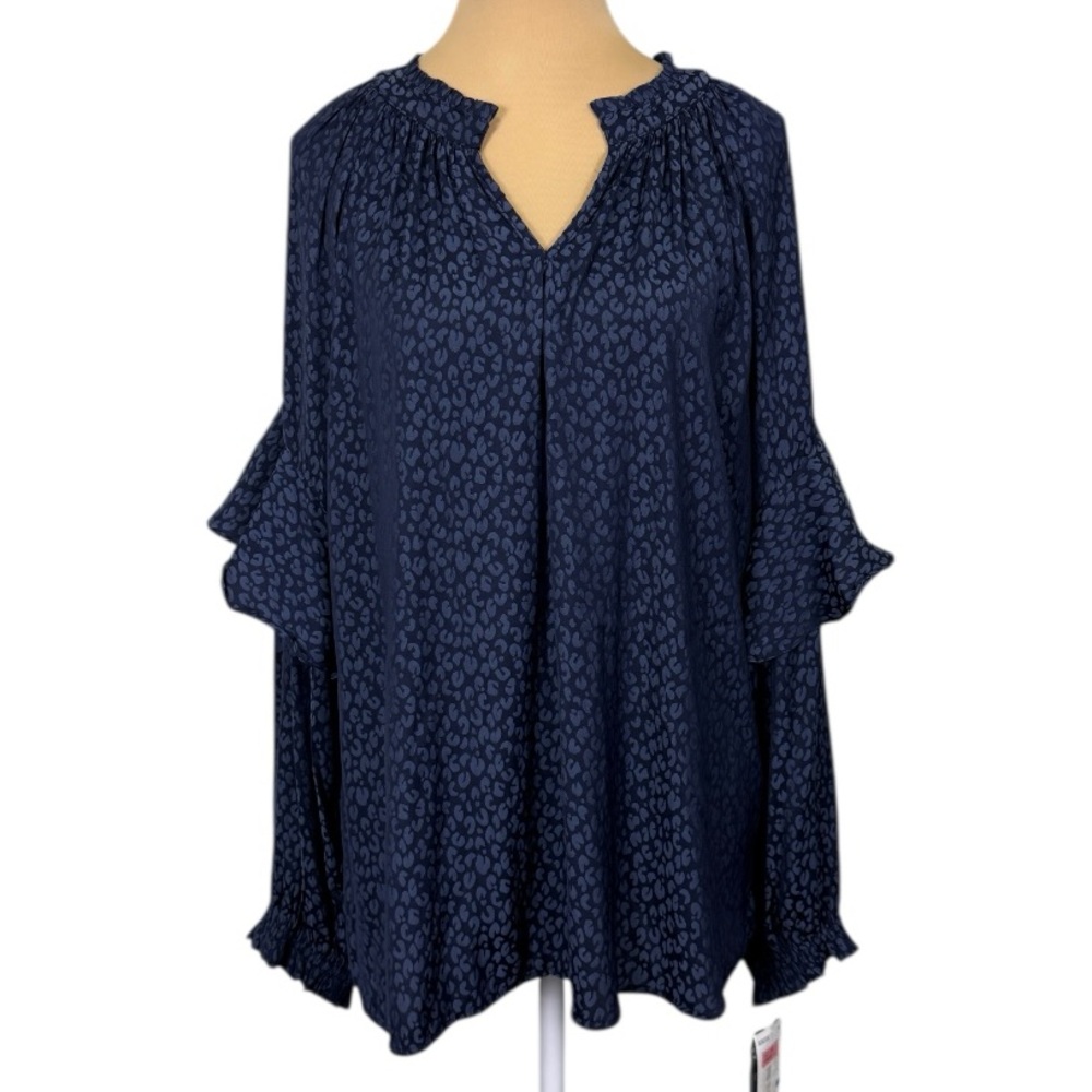 Democracy Navy Blue Animal Print Blouse Ruffle Sleeves Flowy Top Size XL NWT* 🐆✨